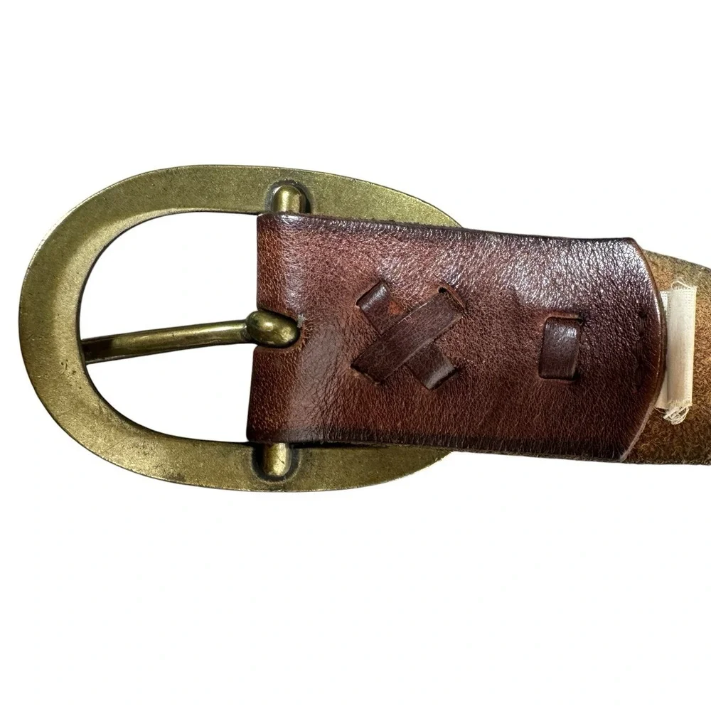 VTG Mossimo Supply Co Leather Belt Oval Brass Buckle Brown Cottagecore Western